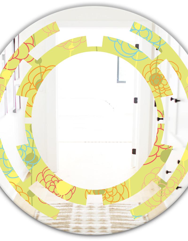 Designq Retro Handdrawn Flowers On Green Background - Modern Round Or Oval Wall Mirror - Space