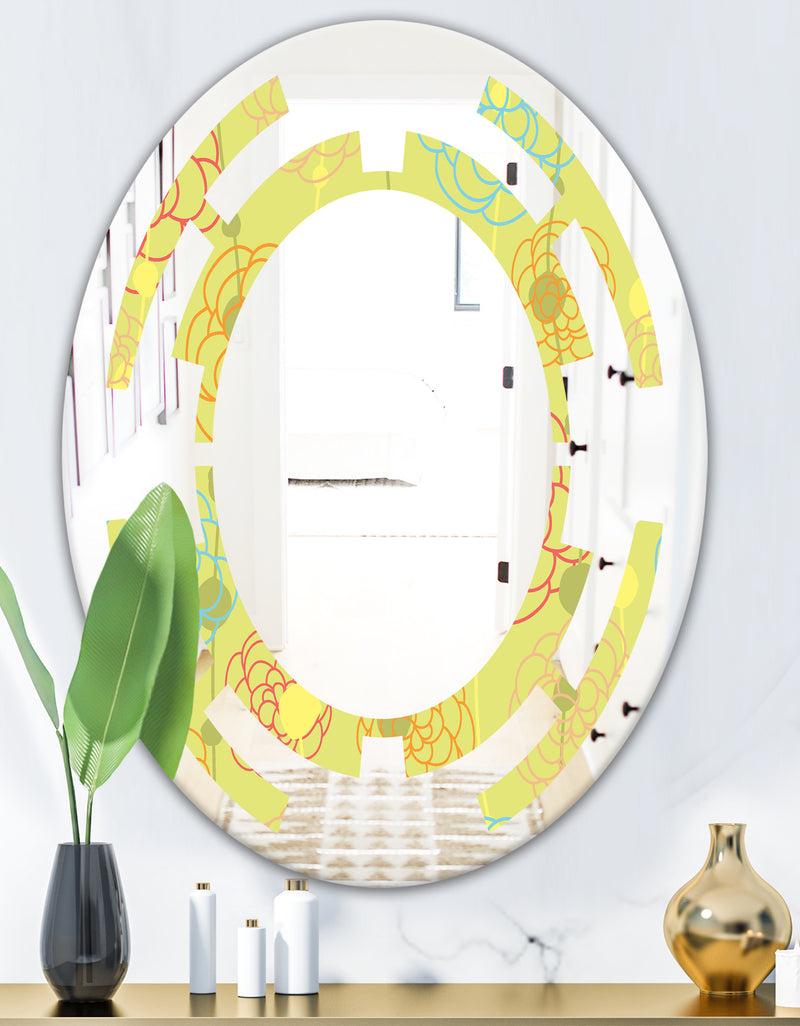 Designq Retro Handdrawn Flowers On Green Background - Modern Round Or Oval Wall Mirror - Space