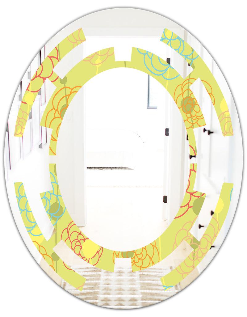 Designq Retro Handdrawn Flowers On Green Background - Modern Round Or Oval Wall Mirror - Space