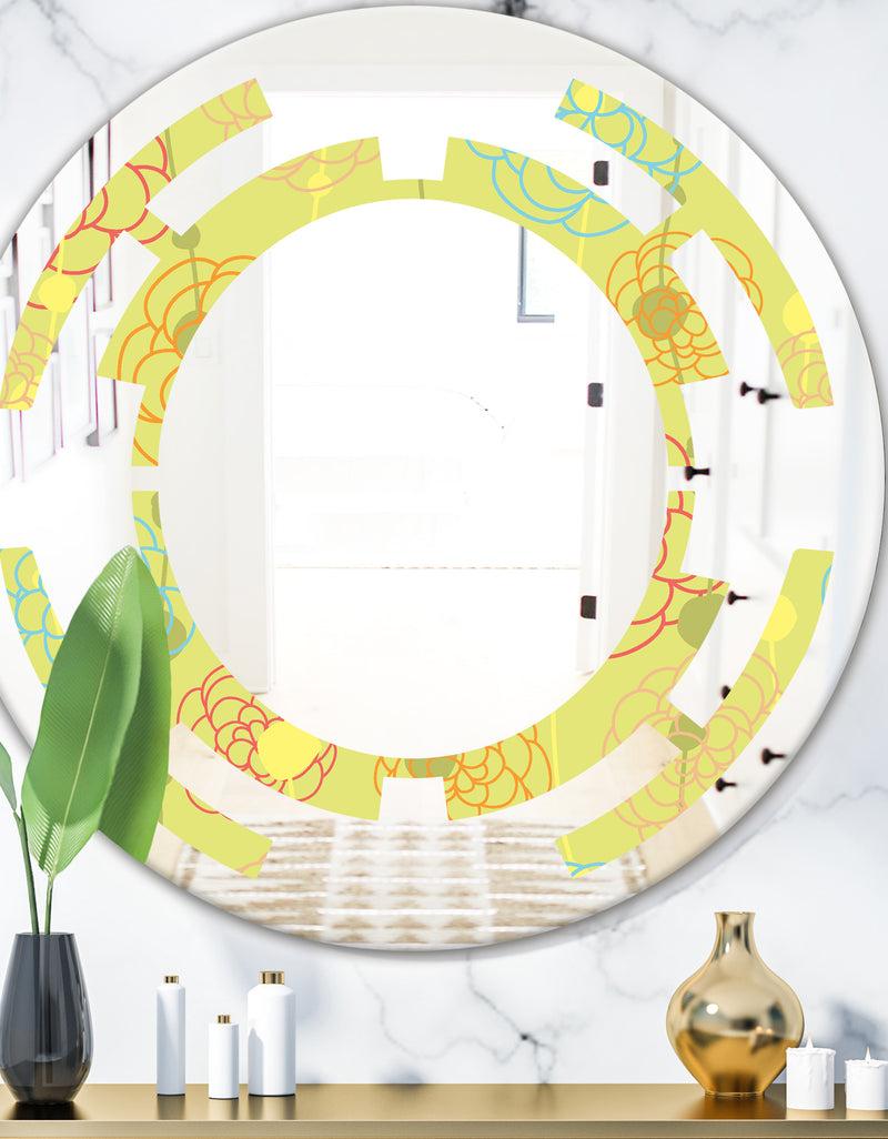 designq Retro Handdrawn Flowers On Green Background - Modern Round or Oval Wall Mirror - Space
