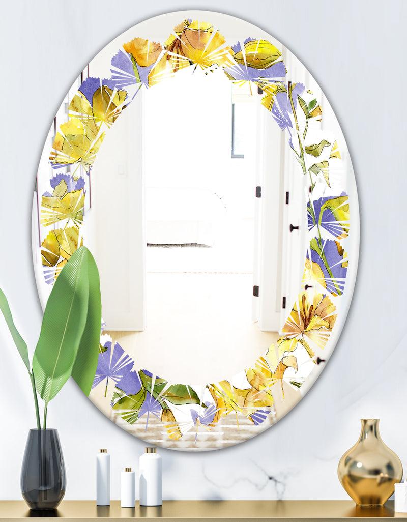 Designq Retro Handdrawn Poppies V - Cottage Round Or Oval Wall Mirror - Leaves