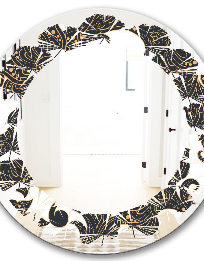 Designq Retro Indian Floral Batik I - Modern Round Or Oval Wall Mirror - Leaves