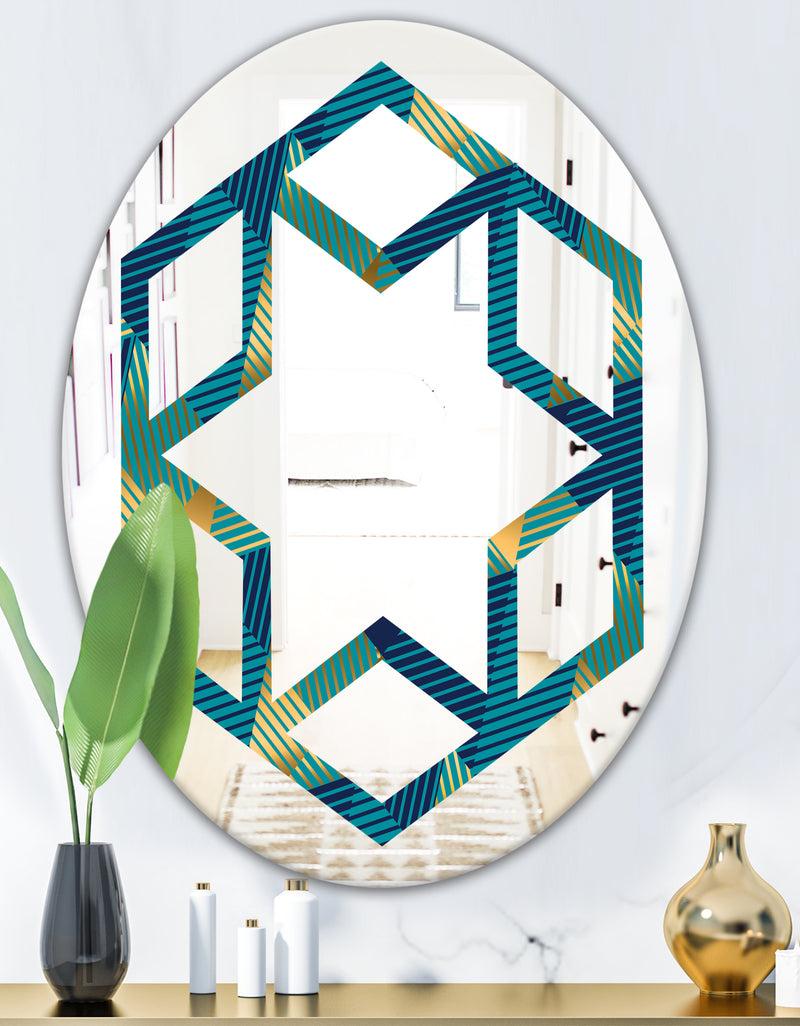 Designq Retro Luxury Waves In Gold And Blue VII - Modern Round Or Oval Wall Mirror - Hexagon Star