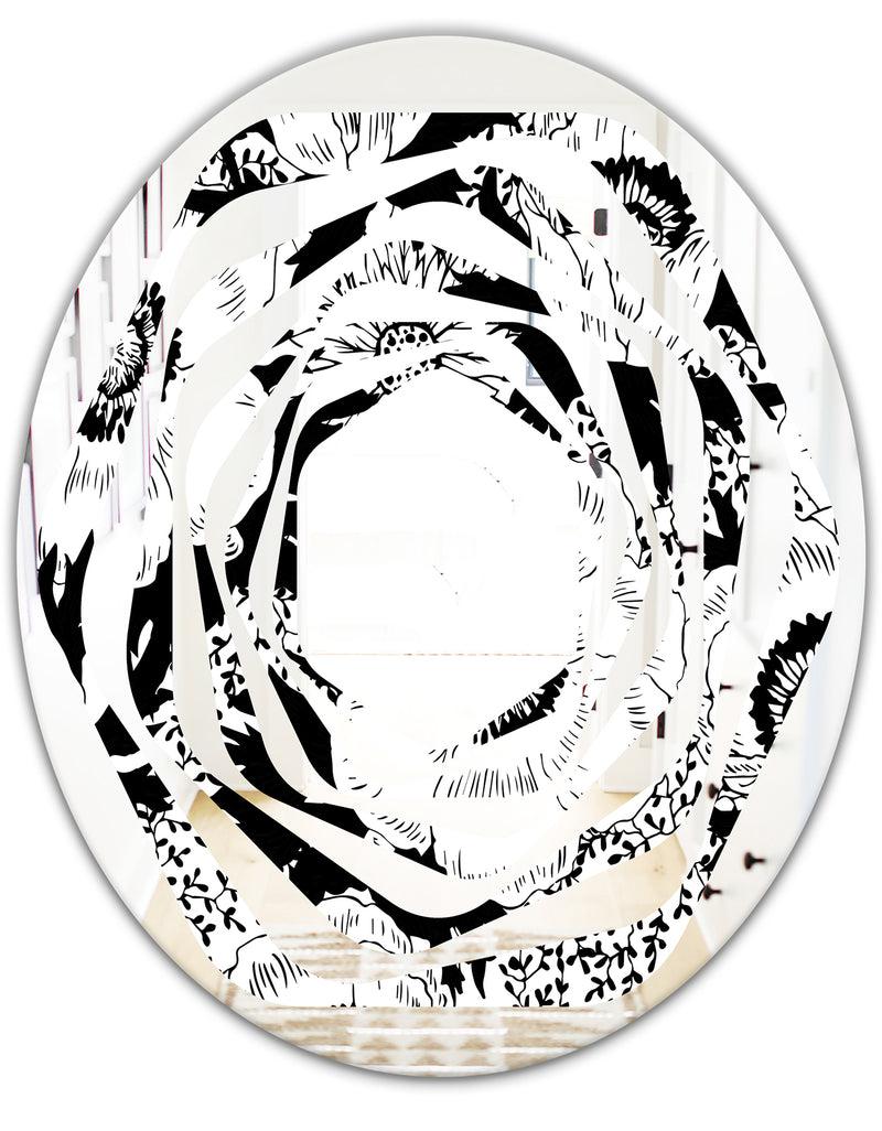 Designq Retro Monochrome Flowers Pattern - Cottage Round Or Oval Wall Mirror - Whirl
