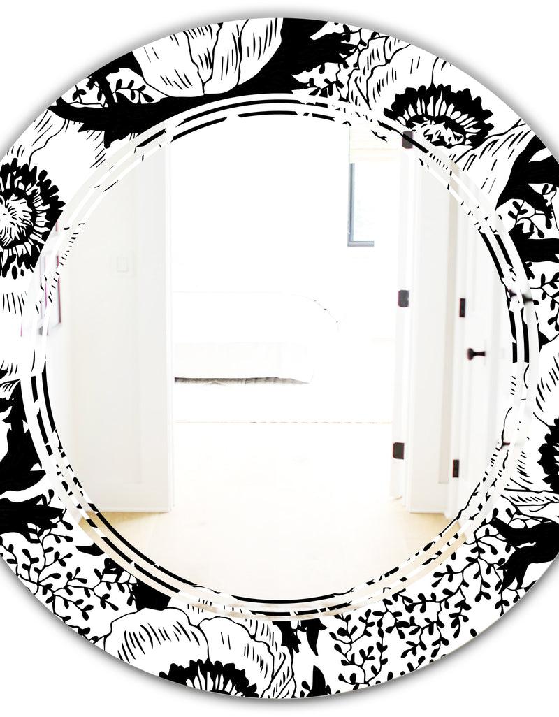 Designq Retro Monochrome Flowers Pattern - Cottage Round Or Oval Wall Mirror - Triple C