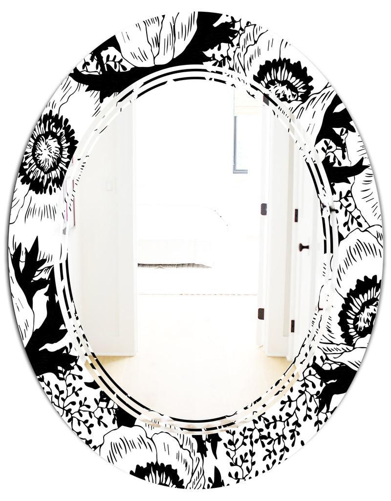 Designq Retro Monochrome Flowers Pattern - Cottage Round Or Oval Wall Mirror - Triple C