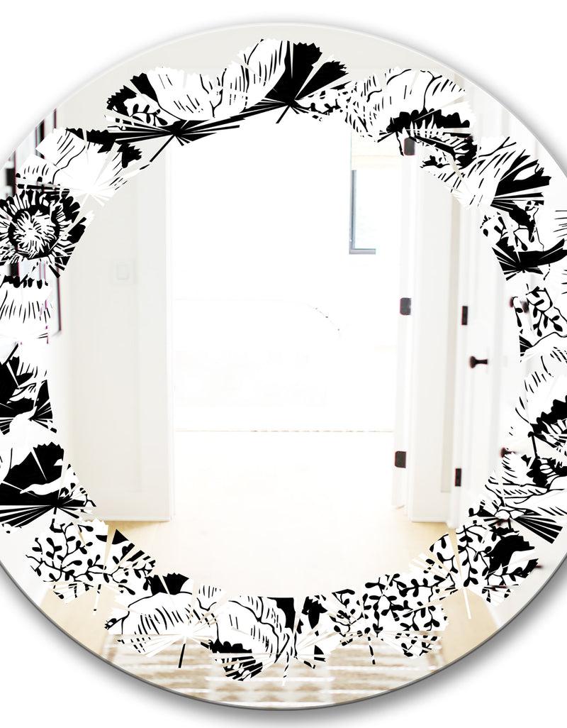 Designq Retro Monochrome Flowers Pattern - Cottage Round Or Oval Wall Mirror - Leaves