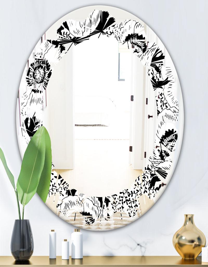 Designq Retro Monochrome Flowers Pattern - Cottage Round Or Oval Wall Mirror - Leaves
