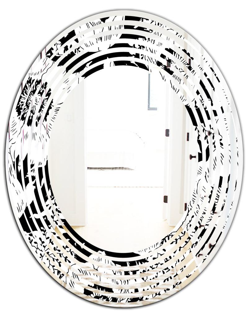 Designq Retro Monochrome Flowers Pattern - Cottage Round Or Oval Wall Mirror - Wave