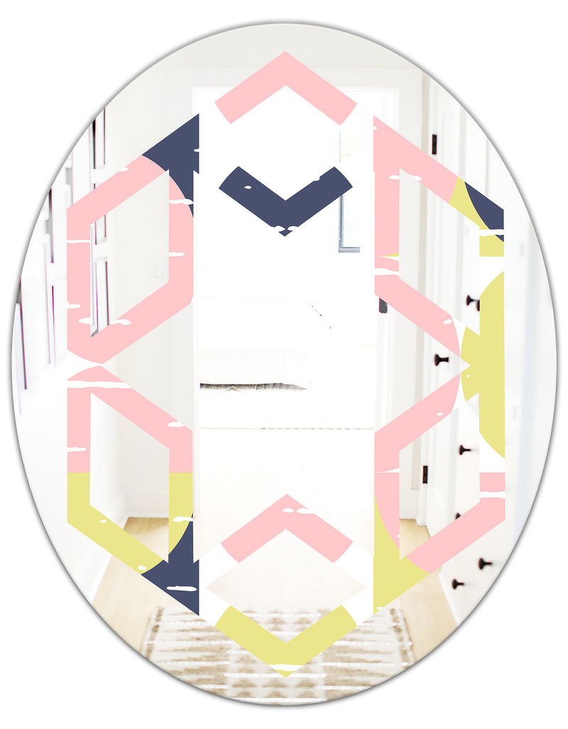 Designq Retro Pastel Circular Pattern I - Modern Round Or Oval Wall Mirror - Hexagon Star
