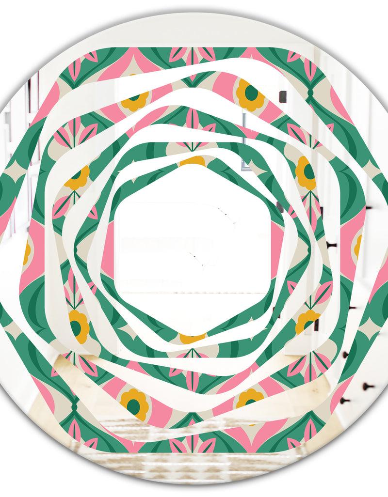 Designq Retro Pattern With Flowers And Leaves - Modern Round Or Oval Wall Mirror - Whirl