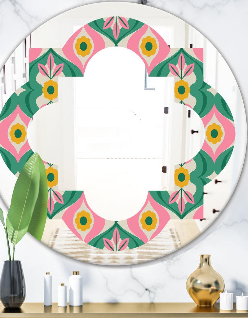 designq retro pattern with flowers and leaves - Modern Round or Oval Wall Mirror - Quatrefoil
