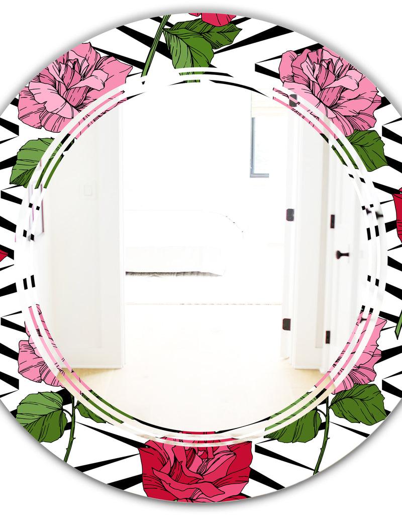 Designq Retro Pink And Red Roses - Cottage Round Or Oval Wall Mirror - Triple C