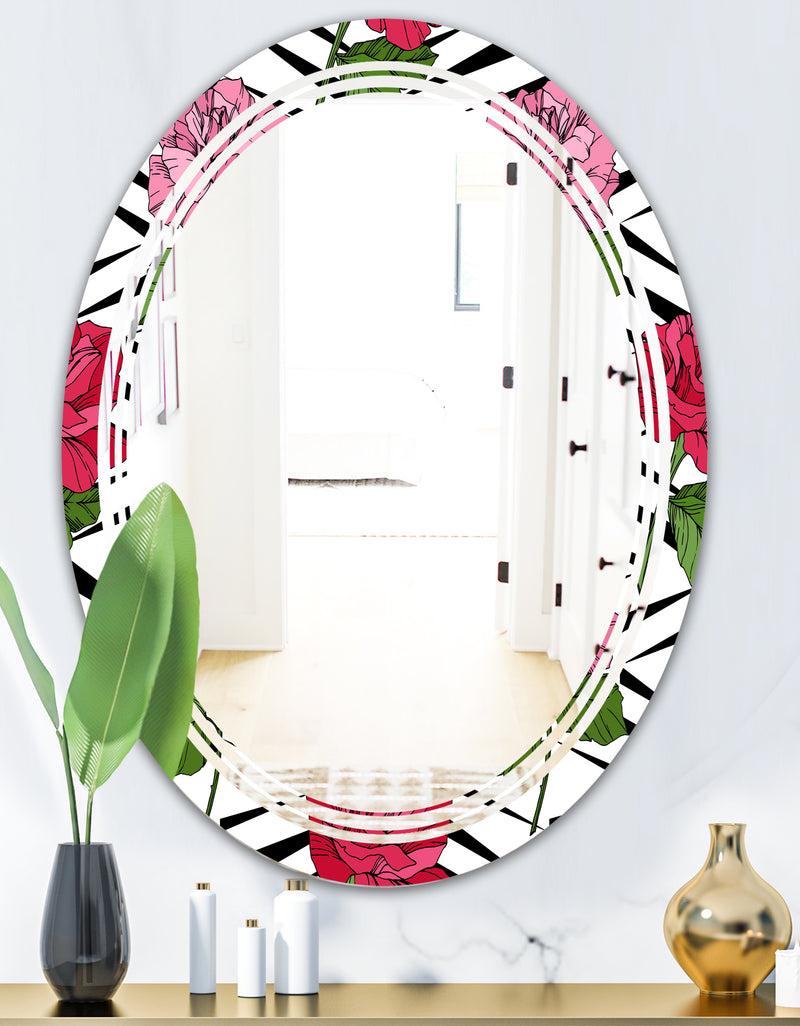 Designq Retro Pink And Red Roses - Cottage Round Or Oval Wall Mirror - Triple C