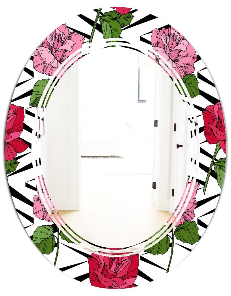 Designq Retro Pink And Red Roses - Cottage Round Or Oval Wall Mirror - Triple C