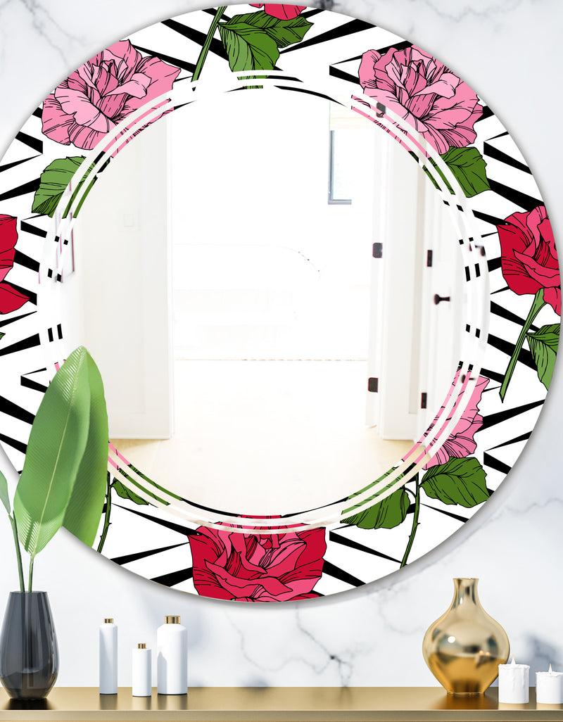 designq Retro Pink and Red Roses - Cottage Round or Oval Wall Mirror - Triple C