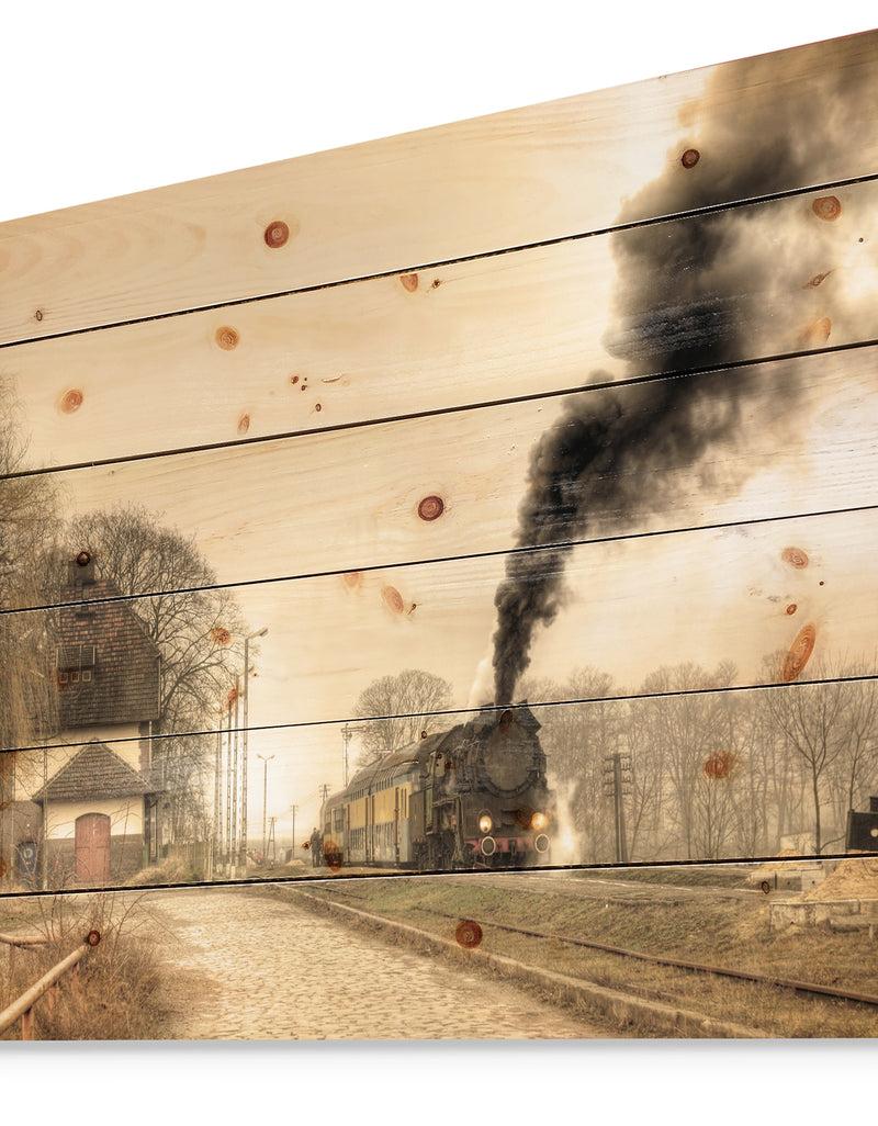 Designq Retro Steam Train - Vintage Print On Natural Pine Wood