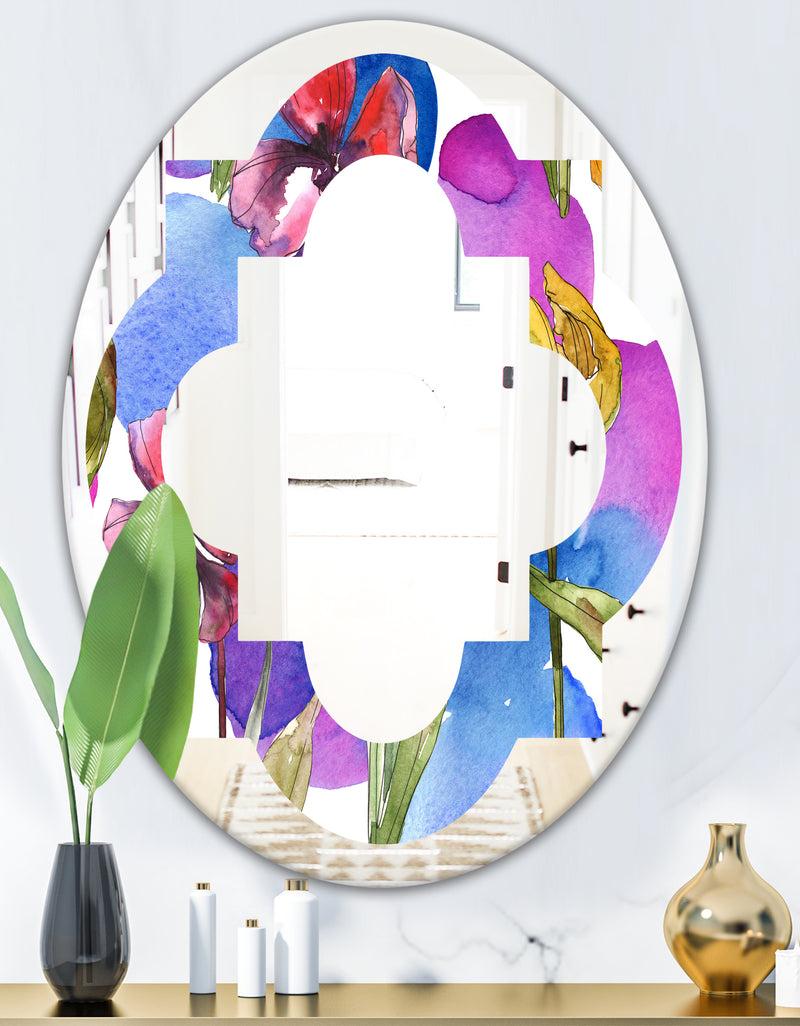 Designq Retro Tulips In Purple - Cottage Round Or Oval Wall Mirror - Quatrefoil