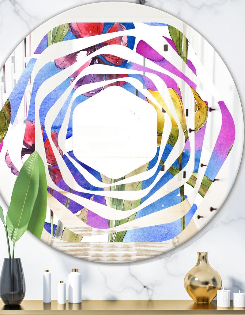 designq Retro Tulips in Purple - Cottage Round or Oval Wall Mirror - Whirl