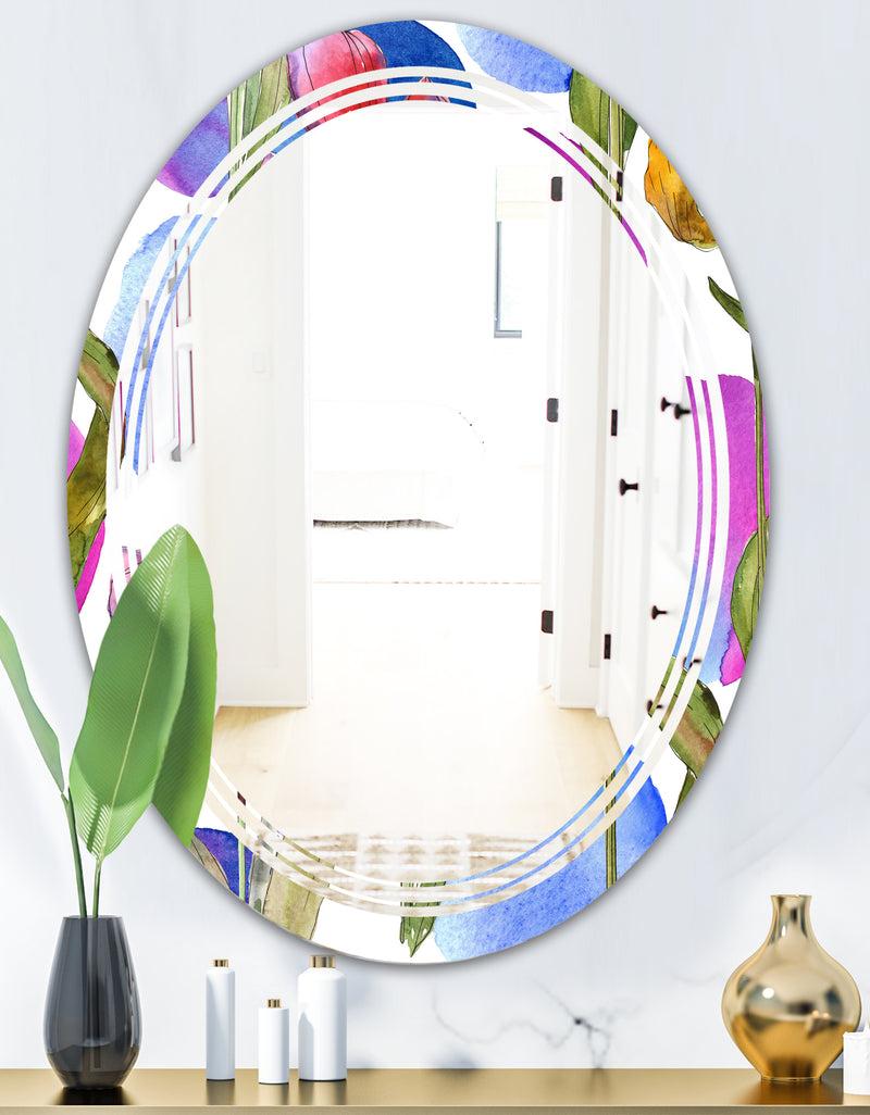 Designq Retro Tulips In Purple - Cottage Round Or Oval Wall Mirror - Triple C