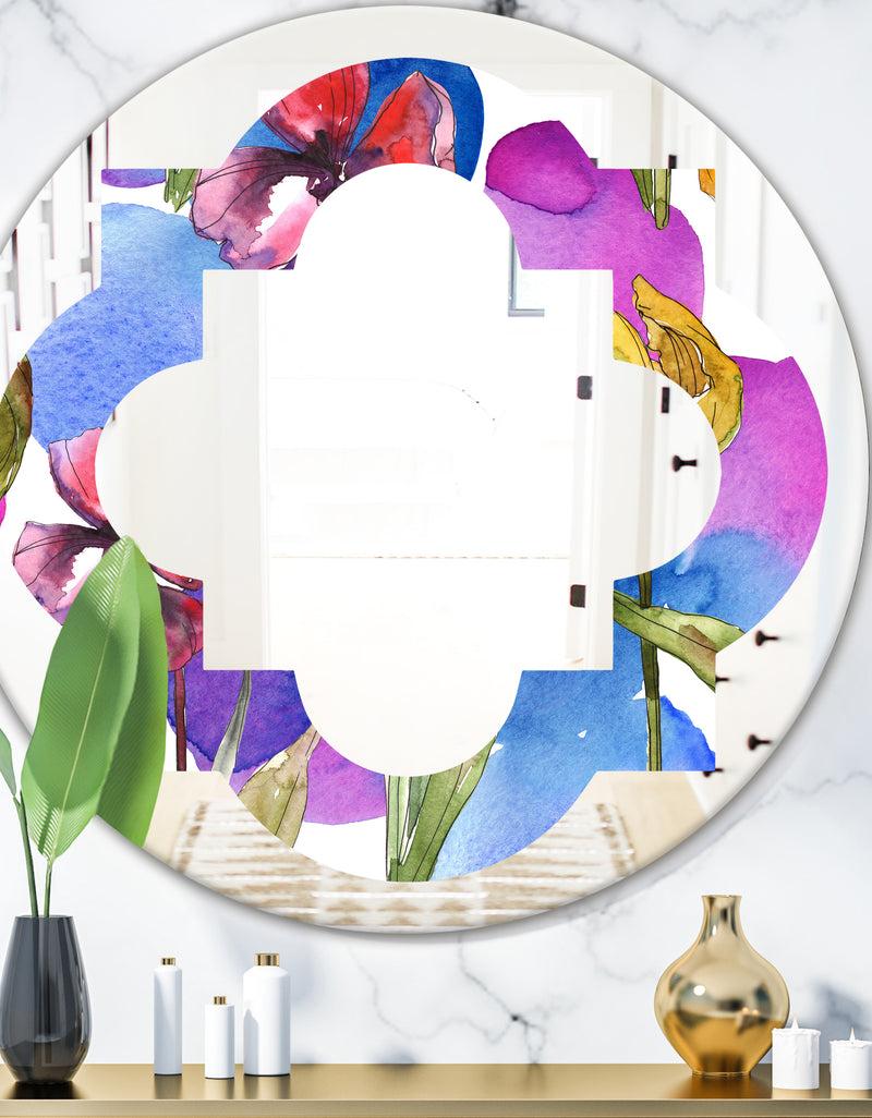 designq Retro Tulips in Purple - Cottage Round or Oval Wall Mirror - Quatrefoil