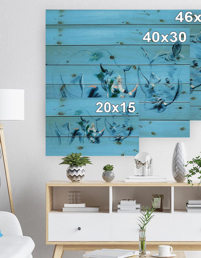 Designq Rhinoceros Painting In Blue Background - Animals Sketch Painting Print On Natural Pine Wood