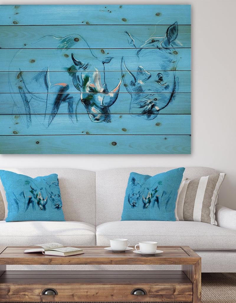 designq Rhinoceros painting in Blue Background - Animals Sketch Painting Print on Natural Pine Wood