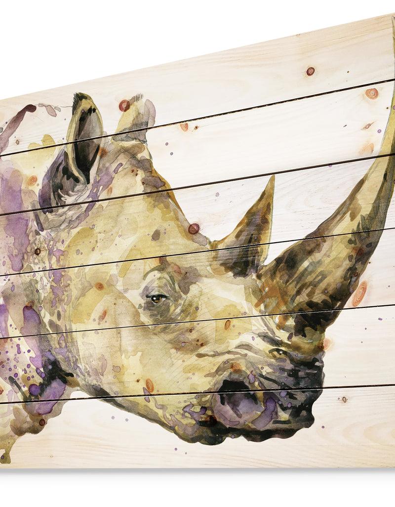 Designq Rhinoceros Watercolor - Animals Painting Print On Natural Pine Wood