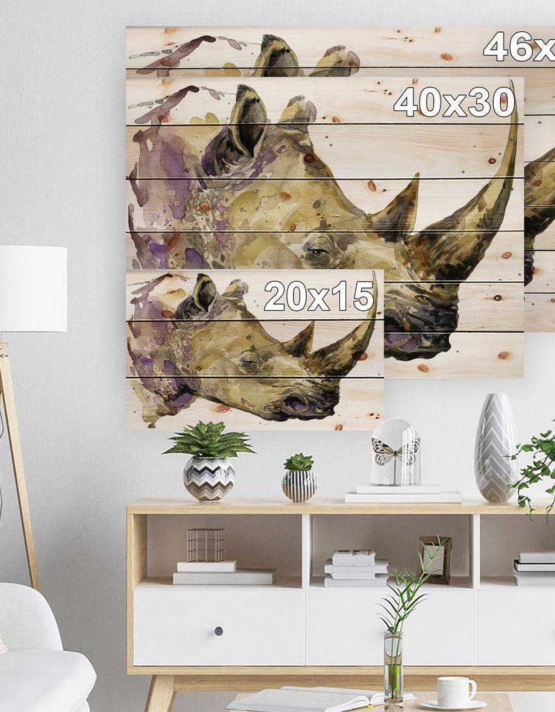 Designq Rhinoceros Watercolor - Animals Painting Print On Natural Pine Wood