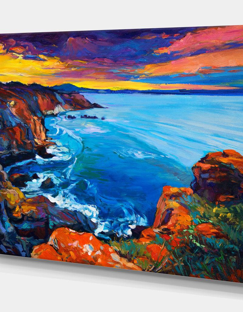 Designq Rich Golden Sunset Over Ocean And Cliffs - Sea & Shore Painting Print On Wrapped Canvas