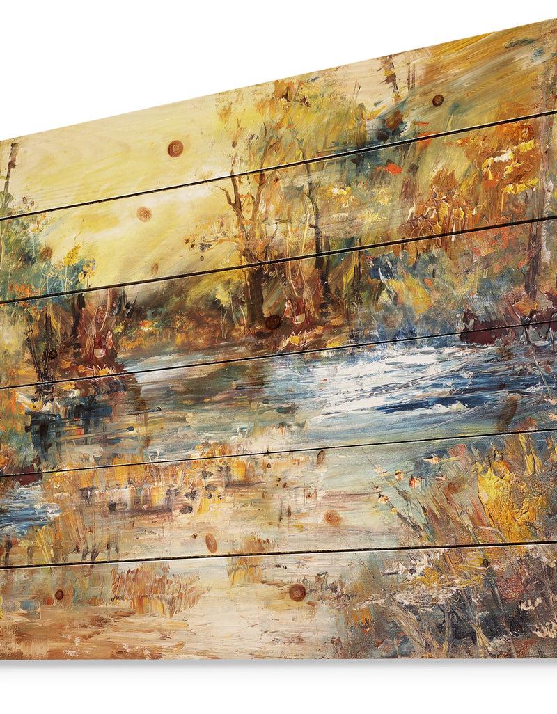 Designq River In Forest Oil Painting - Landscape Print On Natural Pine Wood