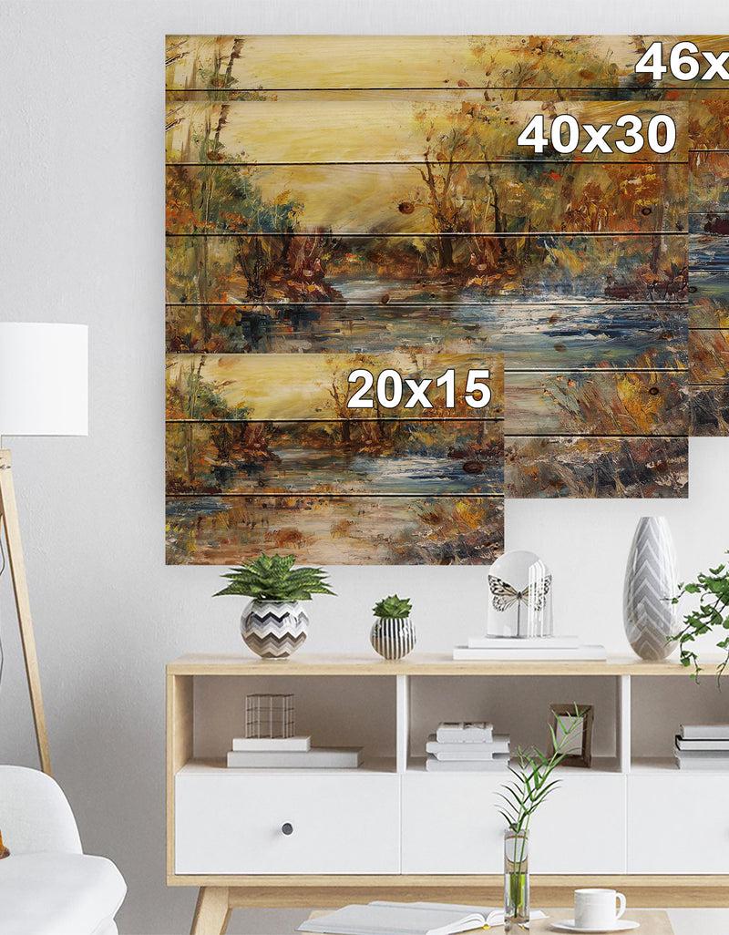 Designq River In Forest Oil Painting - Landscape Print On Natural Pine Wood