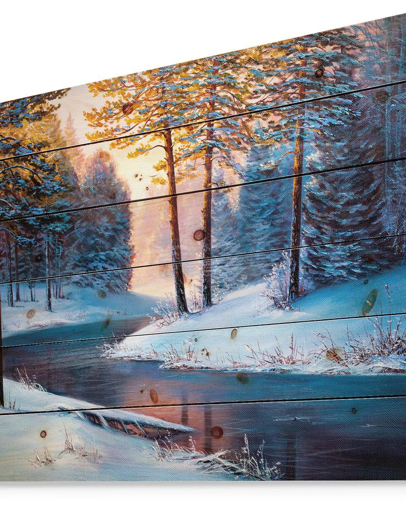 Designq River In Sunset Winter Forest - Landscapes Painting Print On Natural Pine Wood