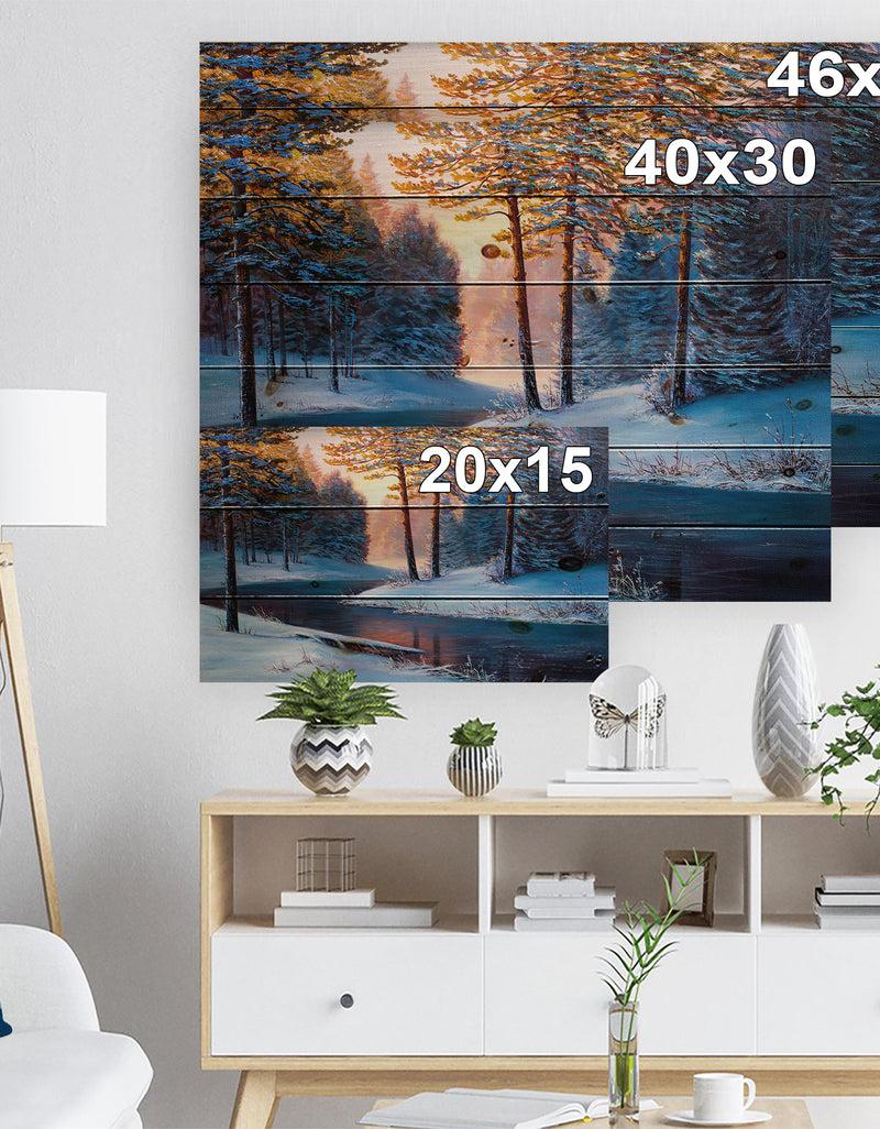 Designq River In Sunset Winter Forest - Landscapes Painting Print On Natural Pine Wood