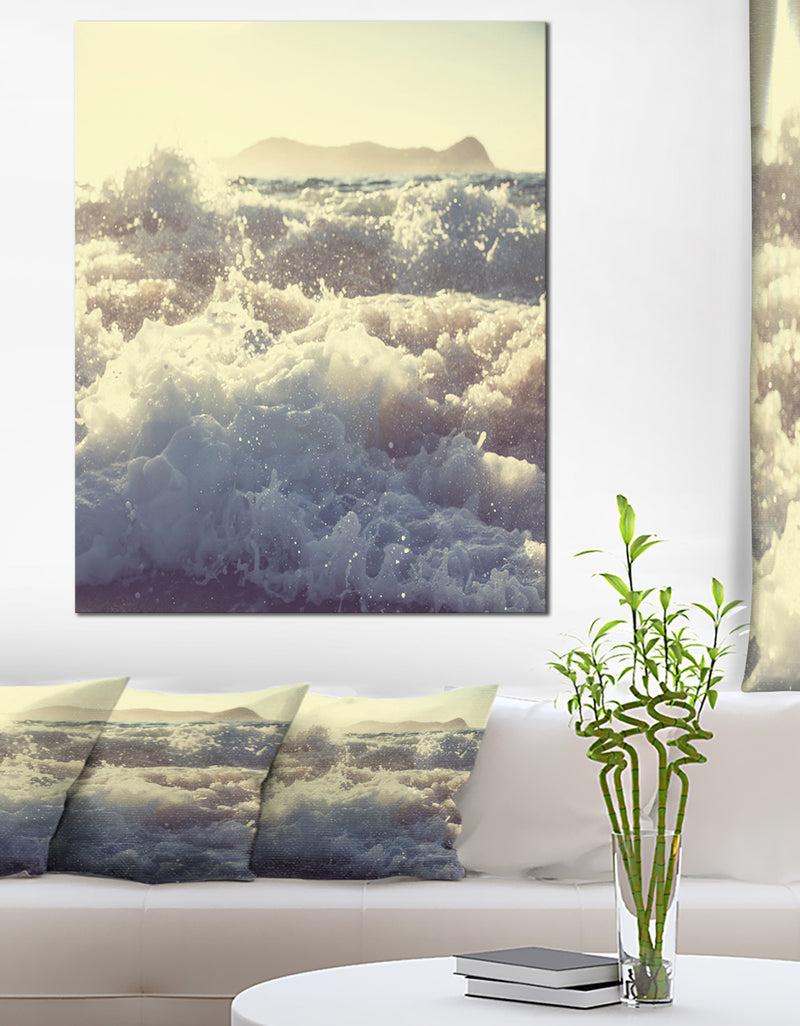 designq Roaring White Waves on Beach - Seashore Canvas Wall Artwork