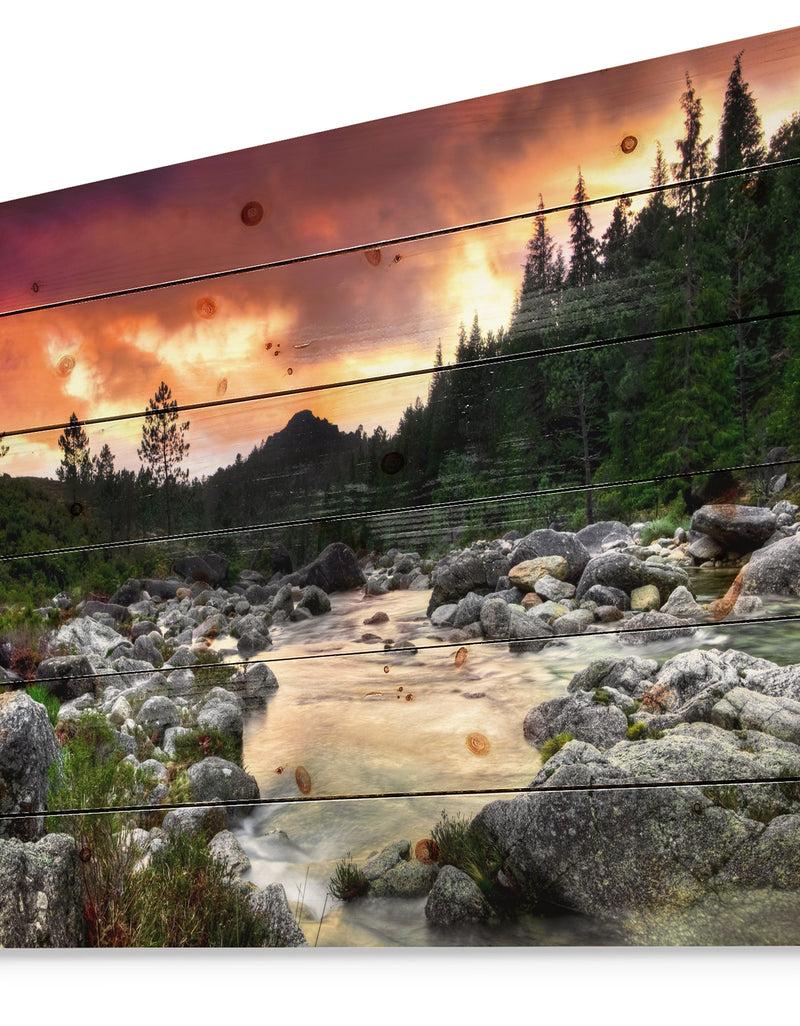 Designq Rocky Mountain River At Sunset - Wall Art Landscape Print On Natural Pine Wood