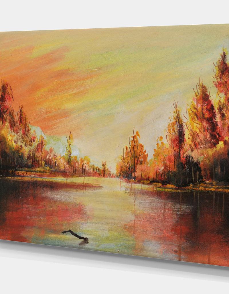 Designq Romantic On Sunset River - Landscapes Painting Print On Wrapped Canvas