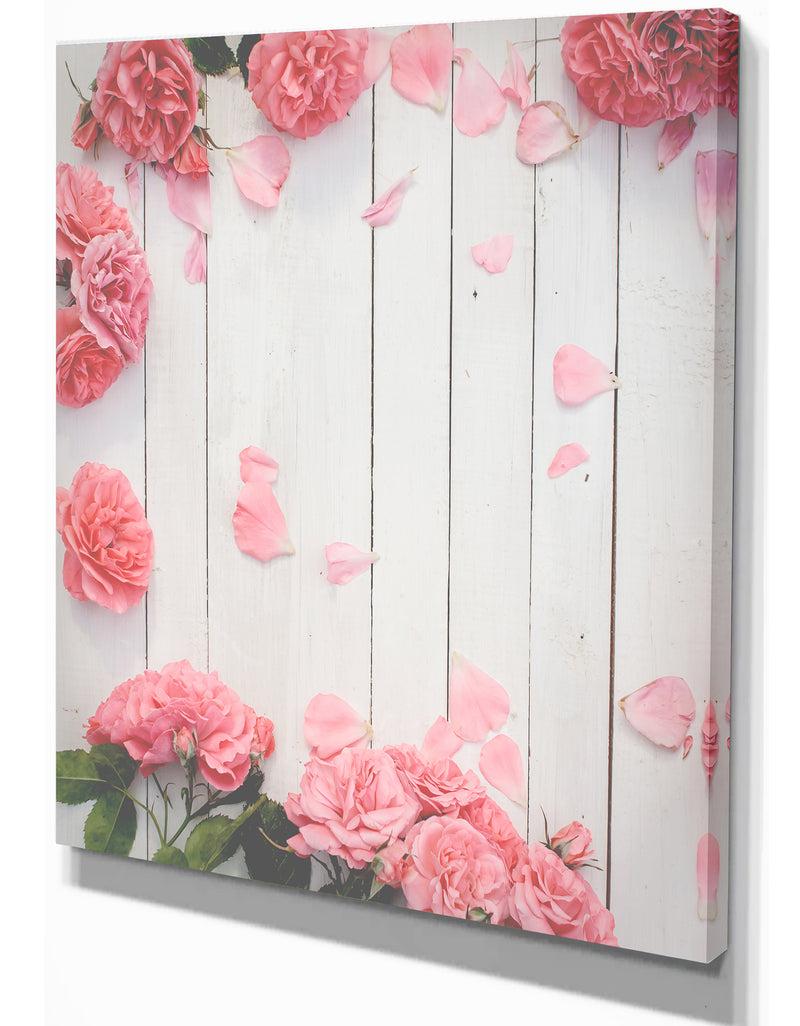 Designq Romantic Pink Roses In Boarder Style Pattern - Floral Photography On Wrapped Canvas