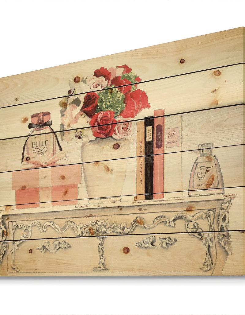 Designq Roses Fragrance And Glamorous Belle Parfum - Fashion Print On Natural Pine Wood