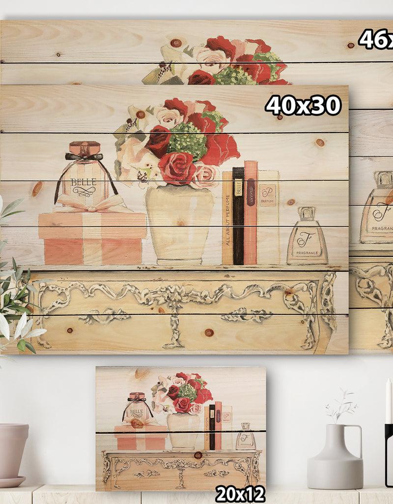 Designq Roses Fragrance And Glamorous Belle Parfum - Fashion Print On Natural Pine Wood