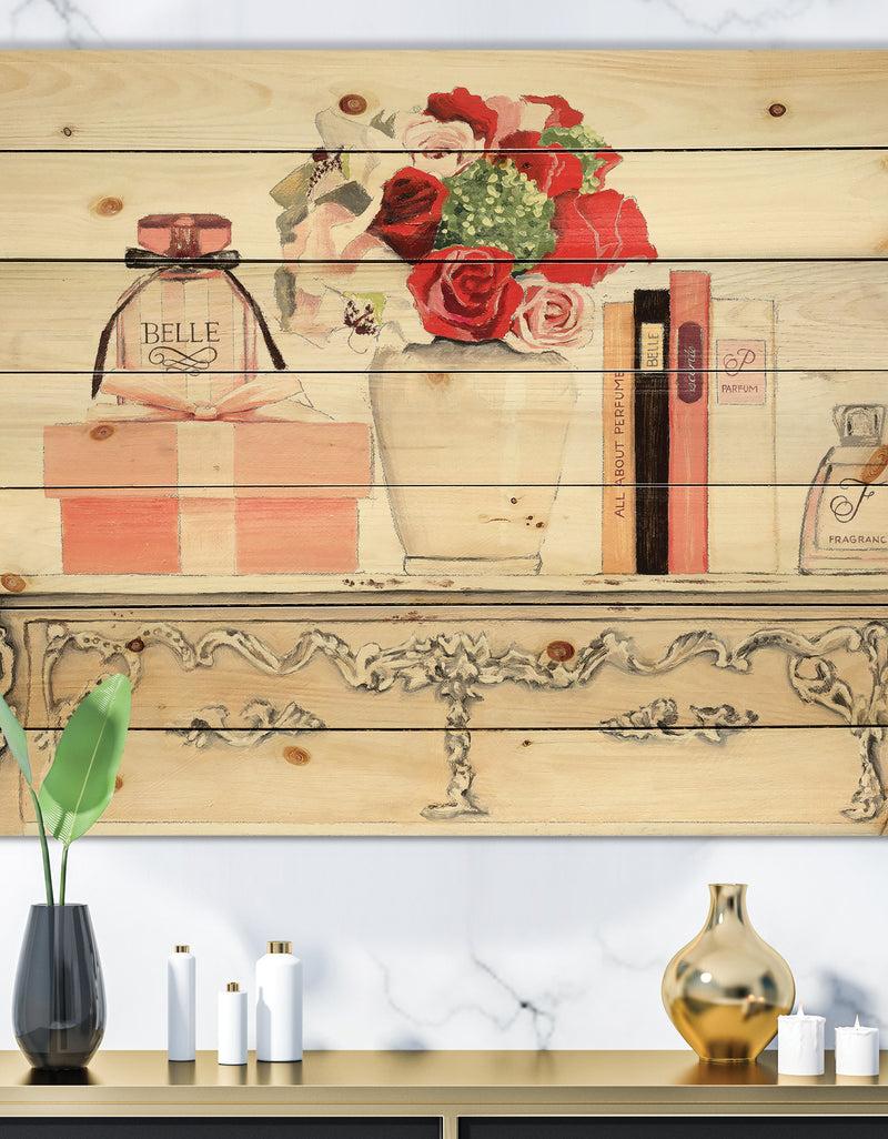 designq Roses Fragrance and Glamorous Belle Parfum - Fashion Print on Natural Pine Wood