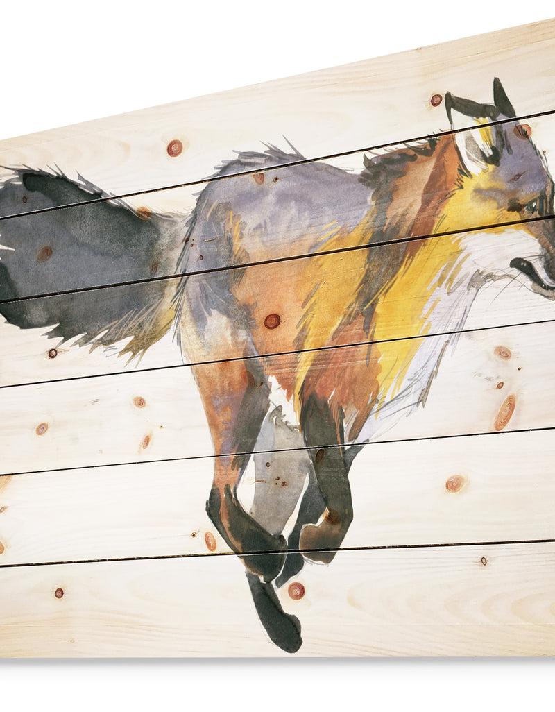 Designq Running Fox Watercolor Illustration - Animals Painting Print On Natural Pine Wood