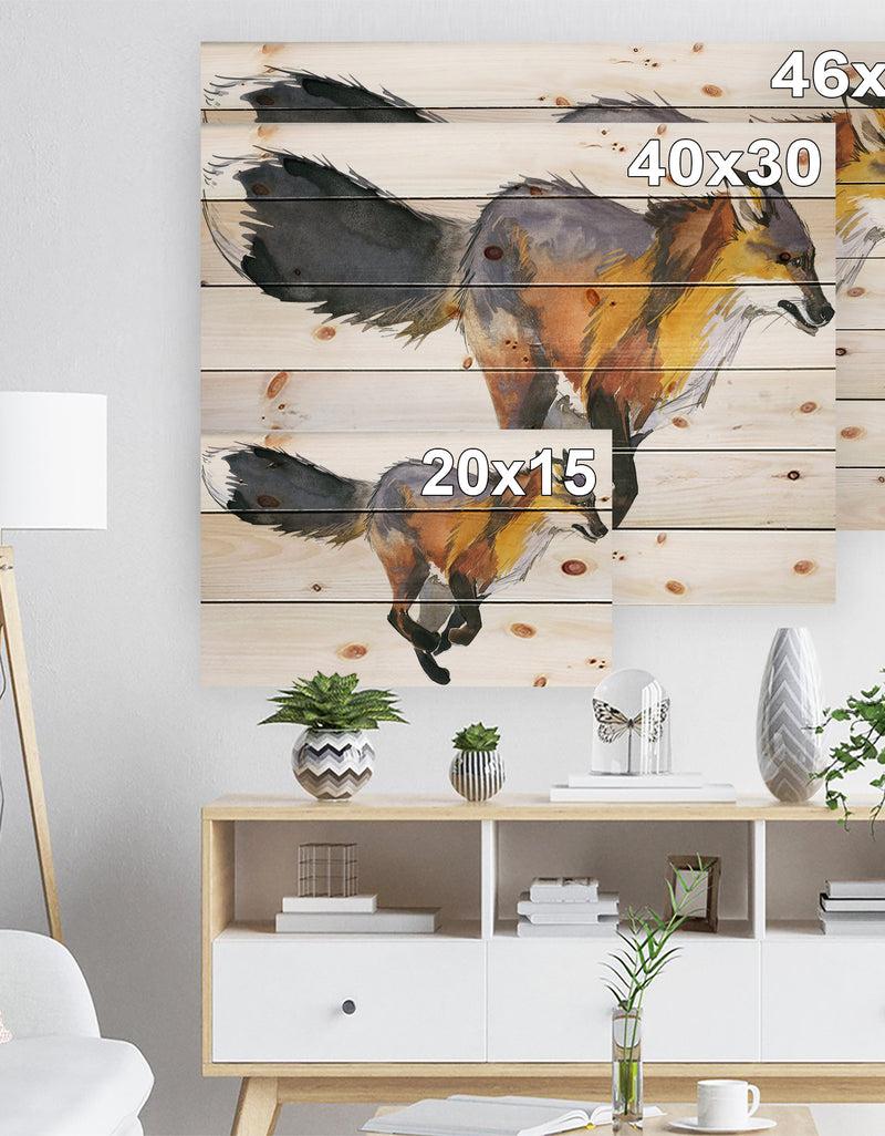Designq Running Fox Watercolor Illustration - Animals Painting Print On Natural Pine Wood