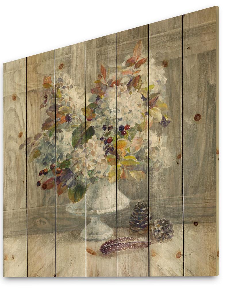 Designq Rustic Florals White - Cabin & Lodge Print On Natural Pine Wood