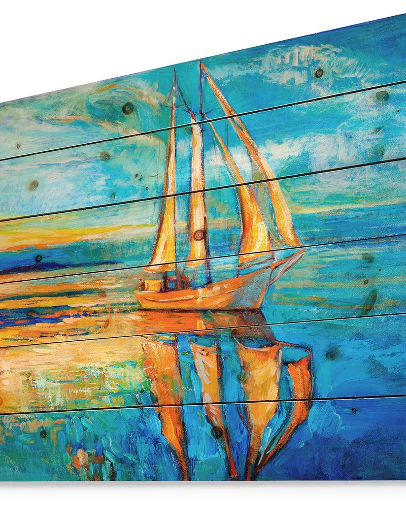 Designq Sail Ship At Sunset In Blue Sky - Sea & Shore Painting Print On Natural Pine Wood