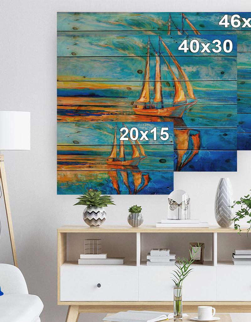 Designq Sail Ship At Sunset In Blue Sky - Sea & Shore Painting Print On Natural Pine Wood