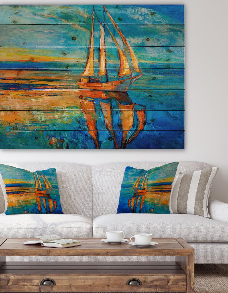 designq Sail Ship at Sunset in Blue Sky - Sea & Shore Painting Print on Natural Pine Wood