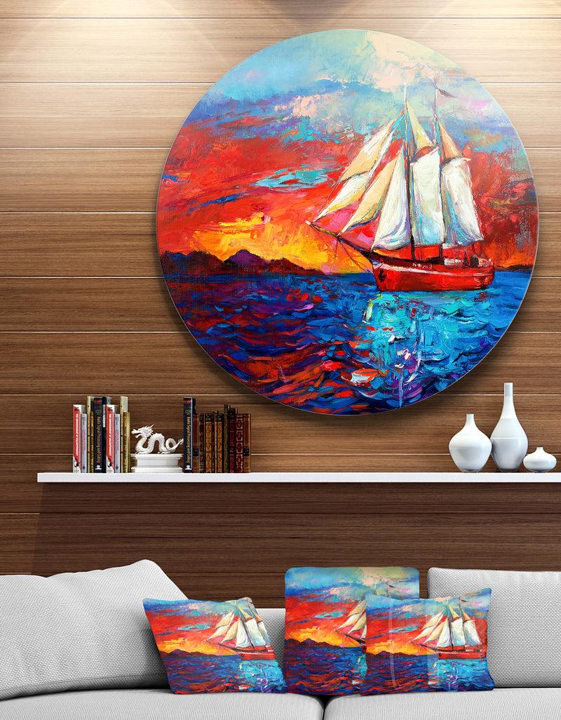 designq Sail Ship During Sunset - Seascape Painting Disc Metal Artwork
