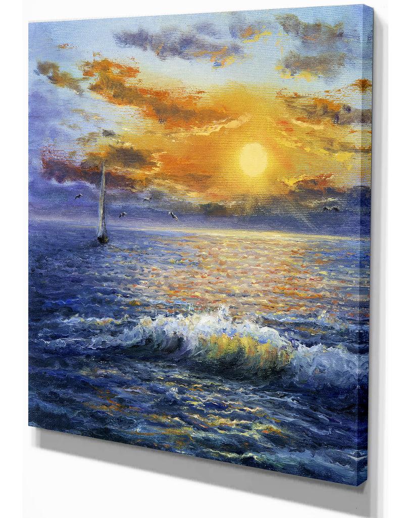 Designq Sailboat In Beautiful Golden Sunrise - Sea & Shore Painting Print On Wrapped Canvas