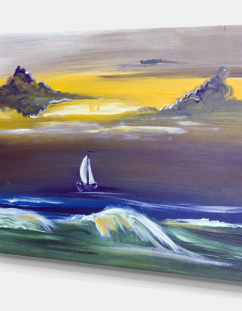 Designq Sailing Yacht In Storm - Sea & Shore Painting Print On Wrapped Canvas
